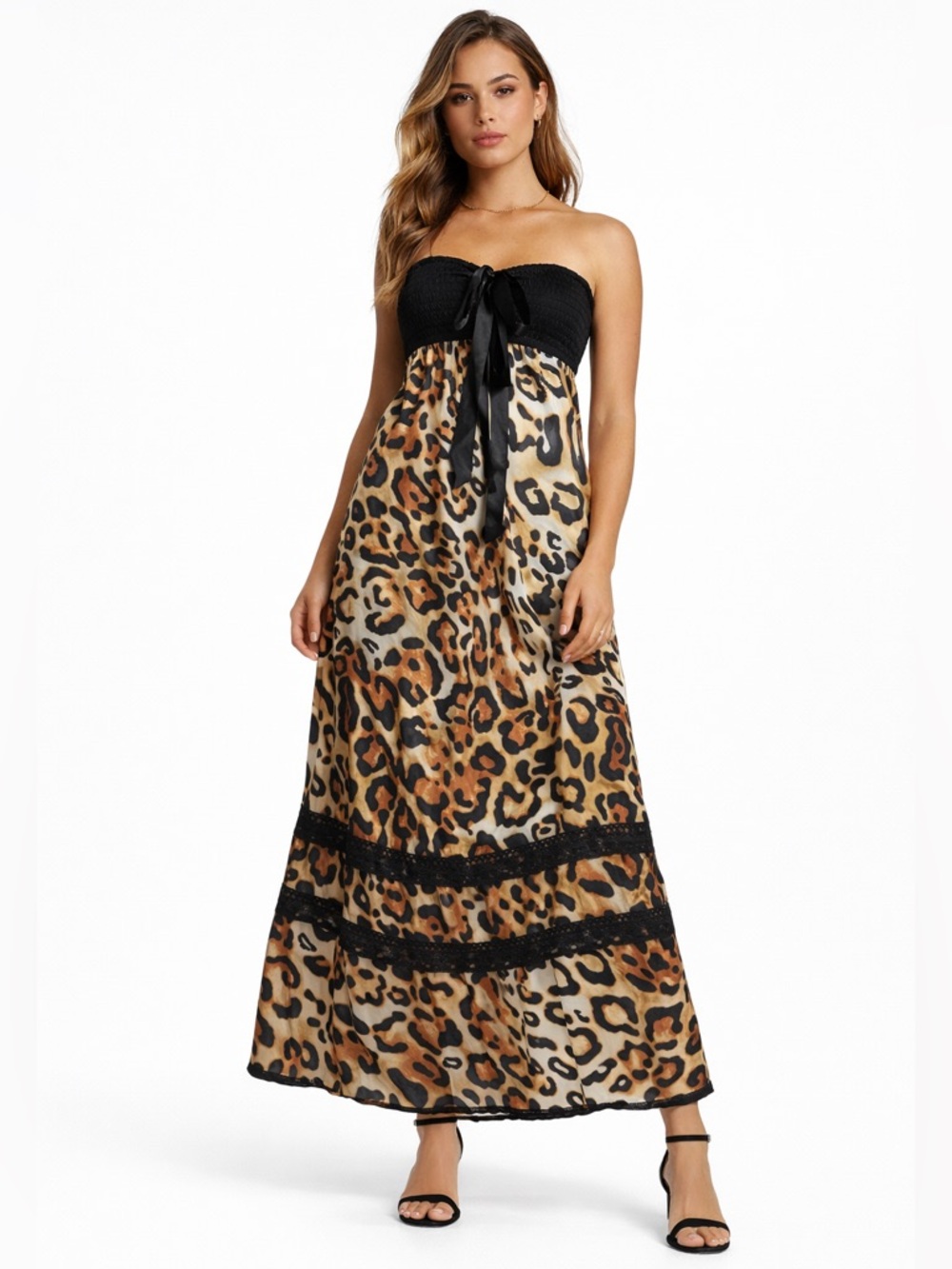 Bebe Leopard Print Strapless Maxi Dress Satin Smocked S